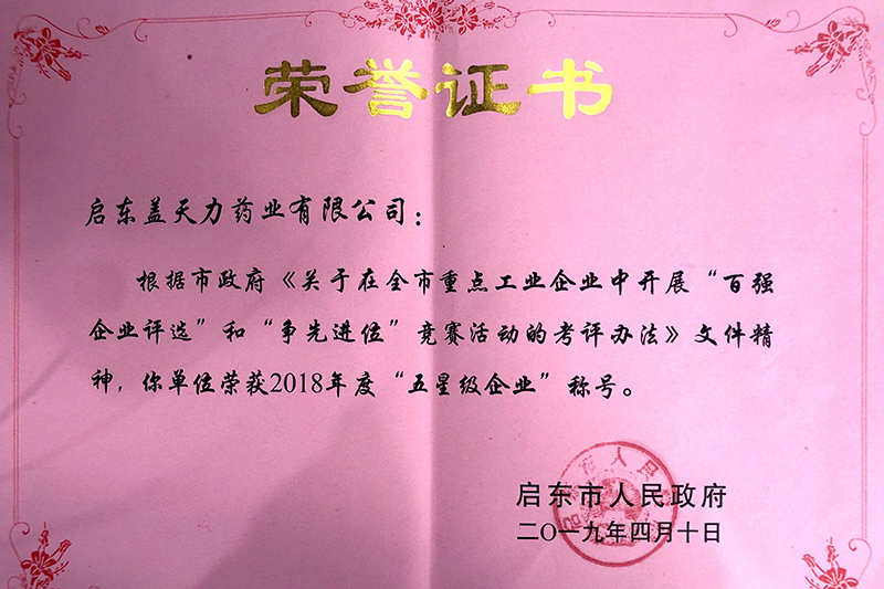 “2018年度五星級企業(yè)稱(chēng)號”證書(shū)